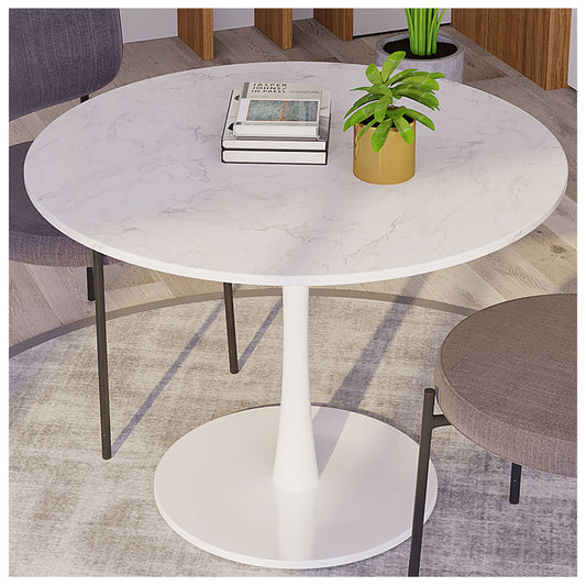 Round Dining Table - 42” White Marble Printed White Dining Table