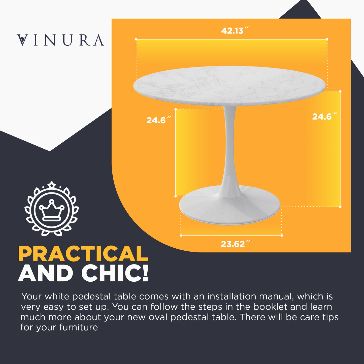 Round Dining Table - 42” White Marble Printed White Dining Table