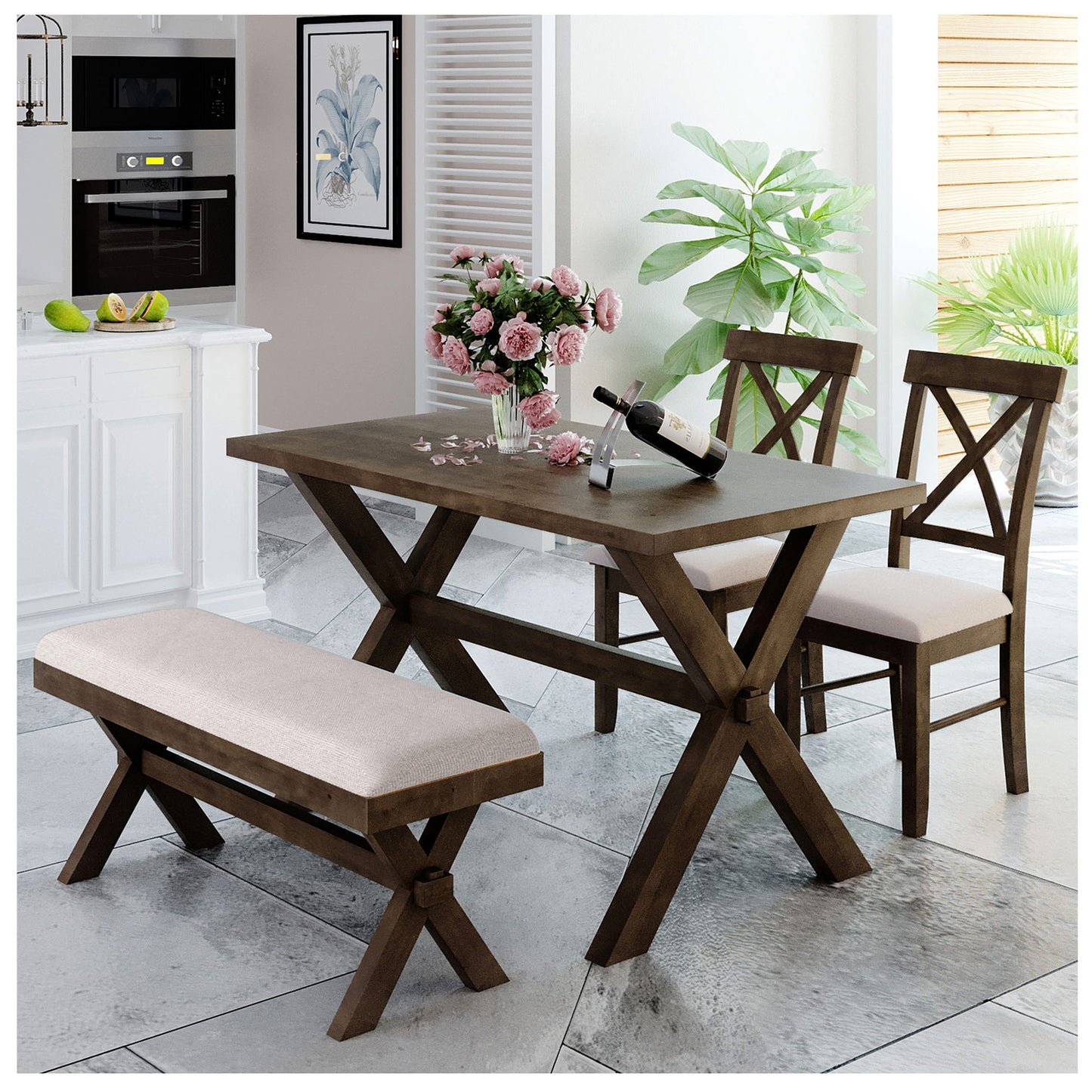 Kitchen Dining Table Set for 4 - Brown Kitchen Table Set with Bench