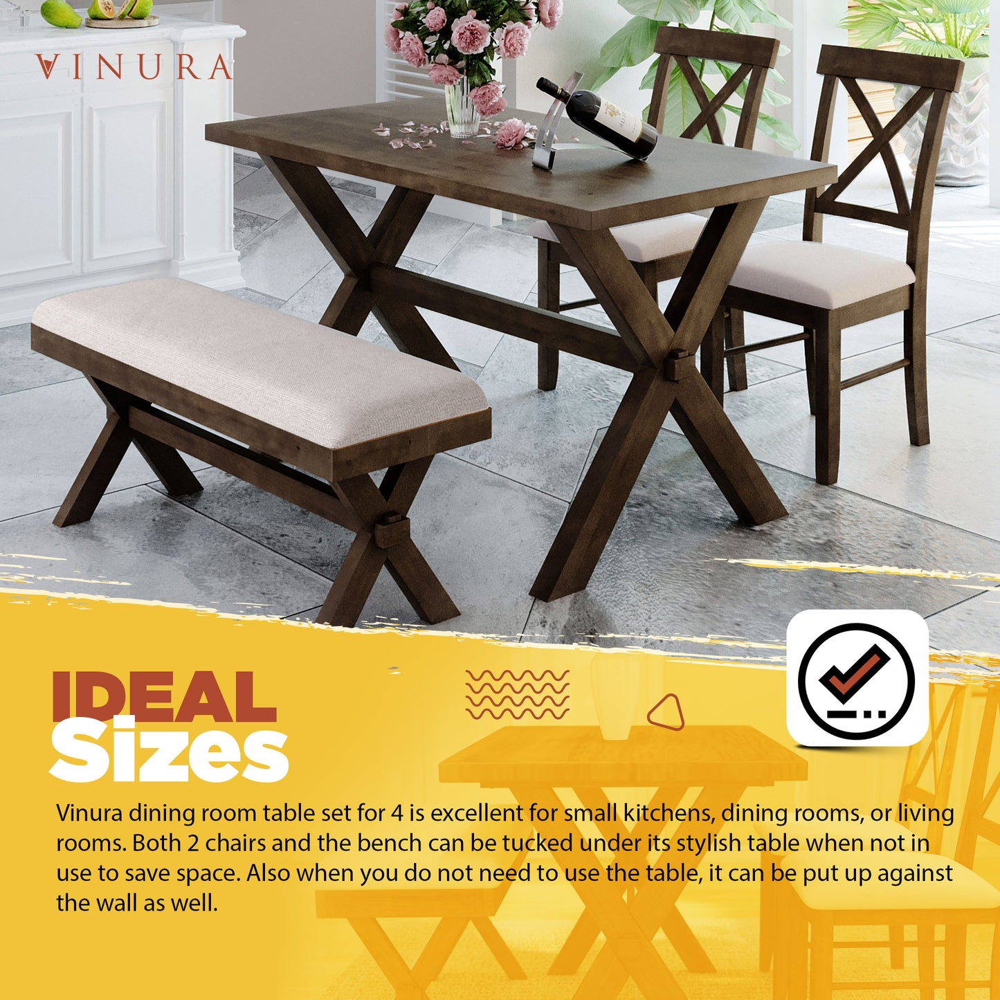 Kitchen Dining Table Set for 4 - Brown Kitchen Table Set with Bench