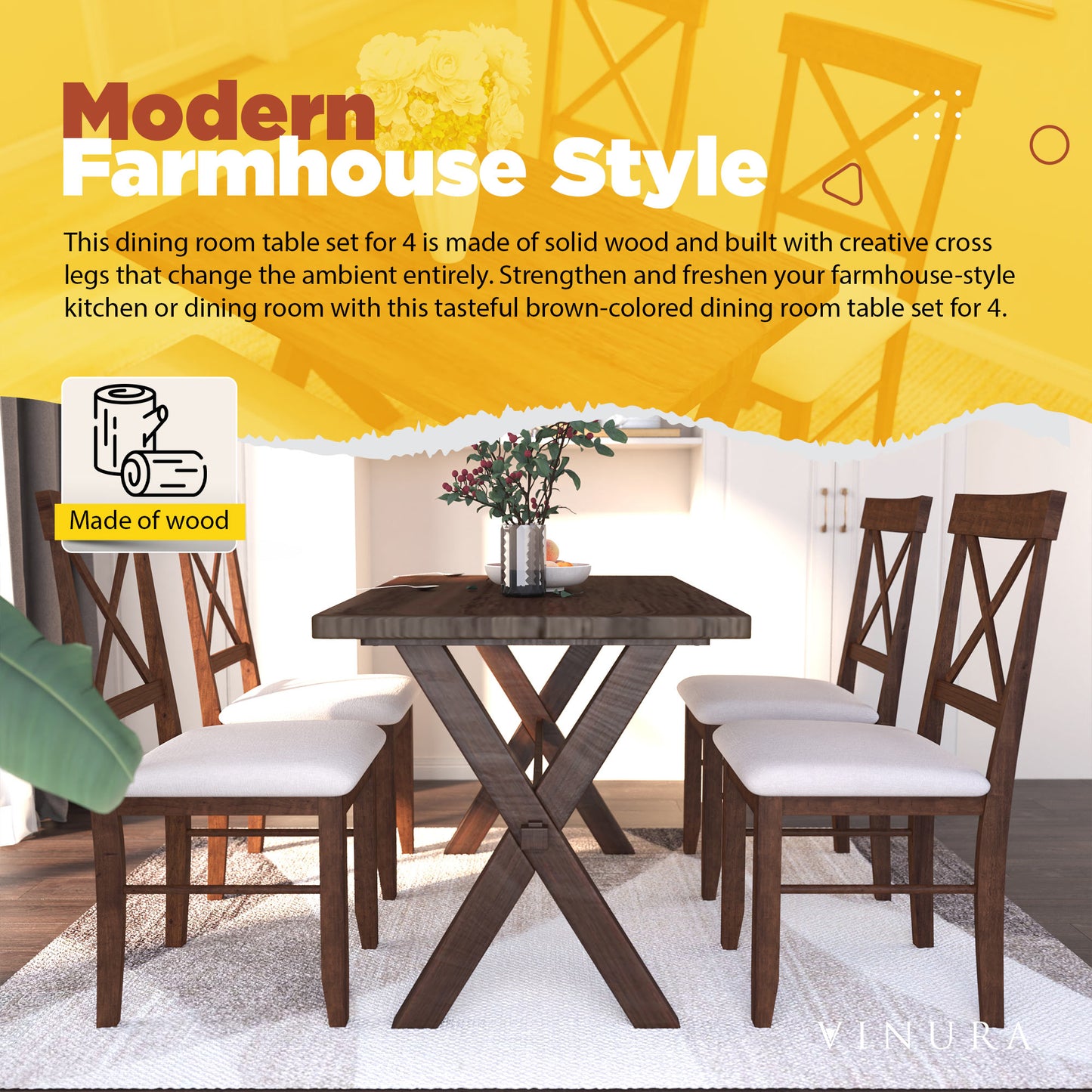 Kitchen Tables for 4 - Wood Dining Table Set Brown