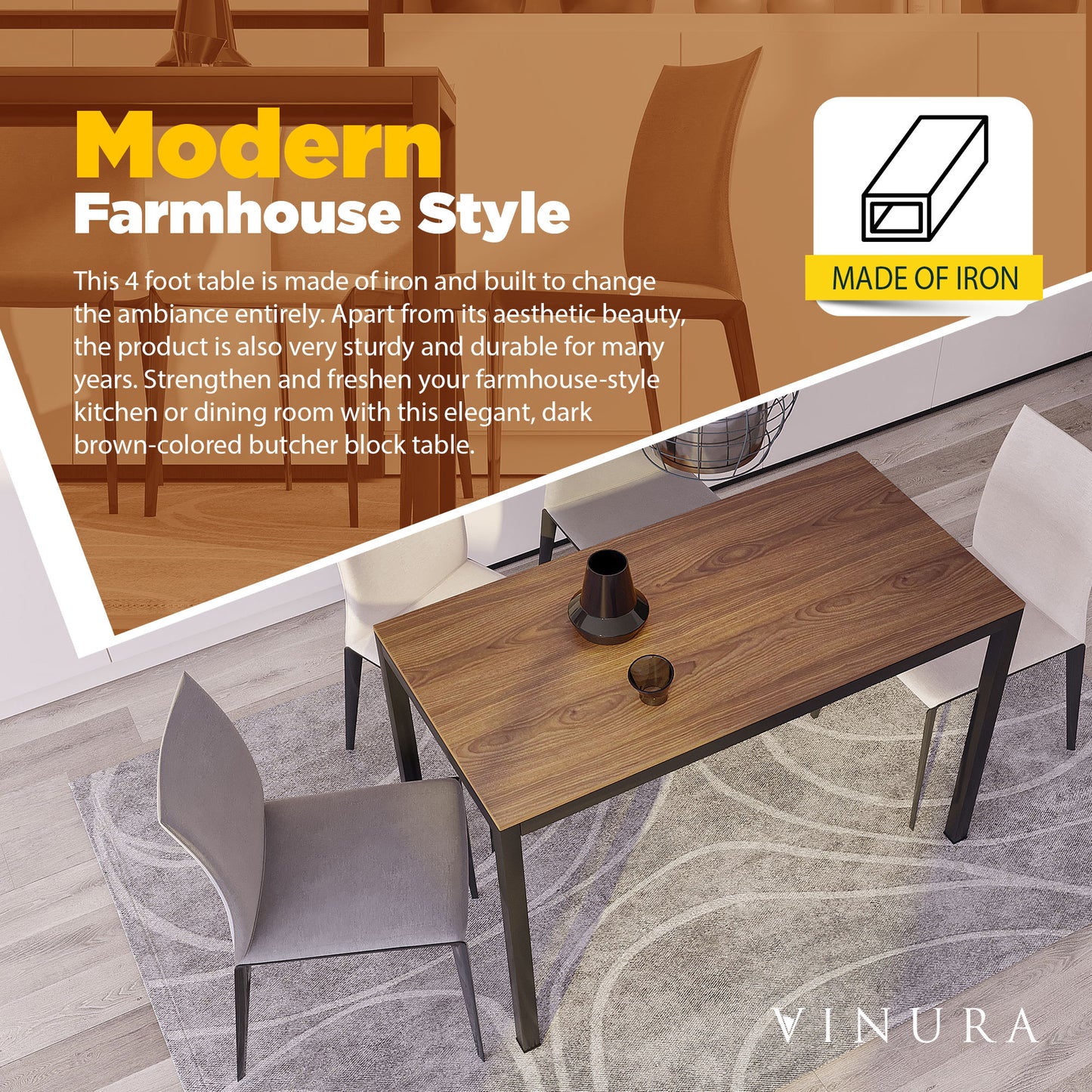 Kitchen Wood Dining Table - Brown Party Table 47 Inch