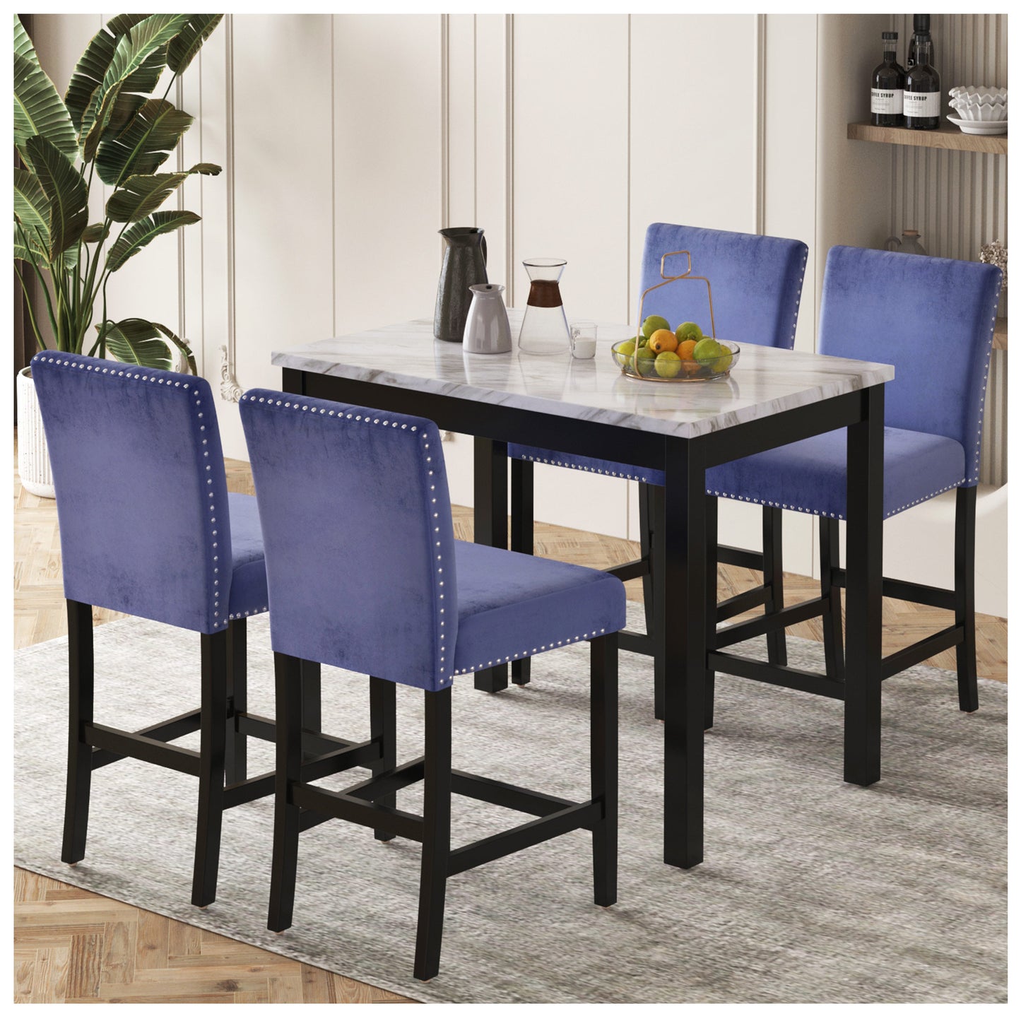 Kitchen Dining Table Set for 4 - White and Blue Dining Table Set