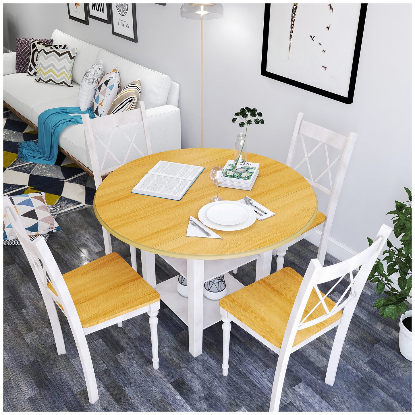 Drop Leaf Dining Tables - Natural+Distressed White Table and Chair Set