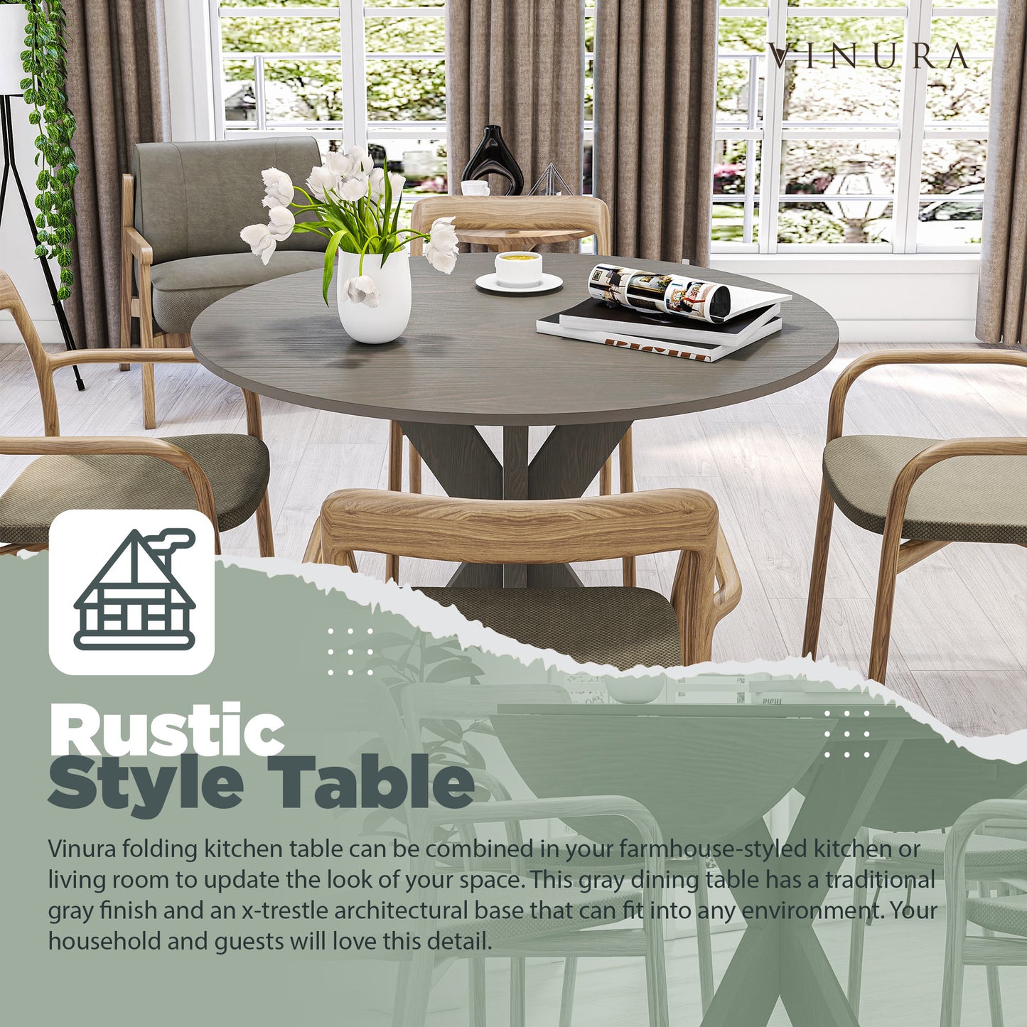 Farmhouse Dining Tables - Gray Round Drop Leaf Table 42 Inch