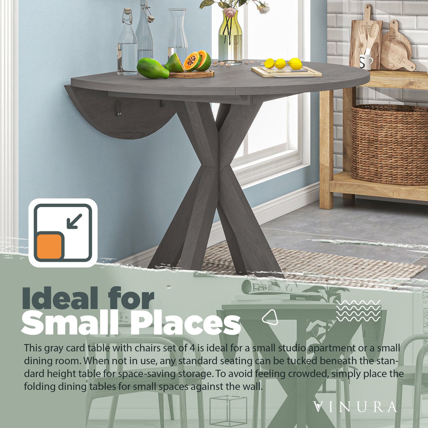 Farmhouse Dining Tables - Gray Round Drop Leaf Table 42 Inch