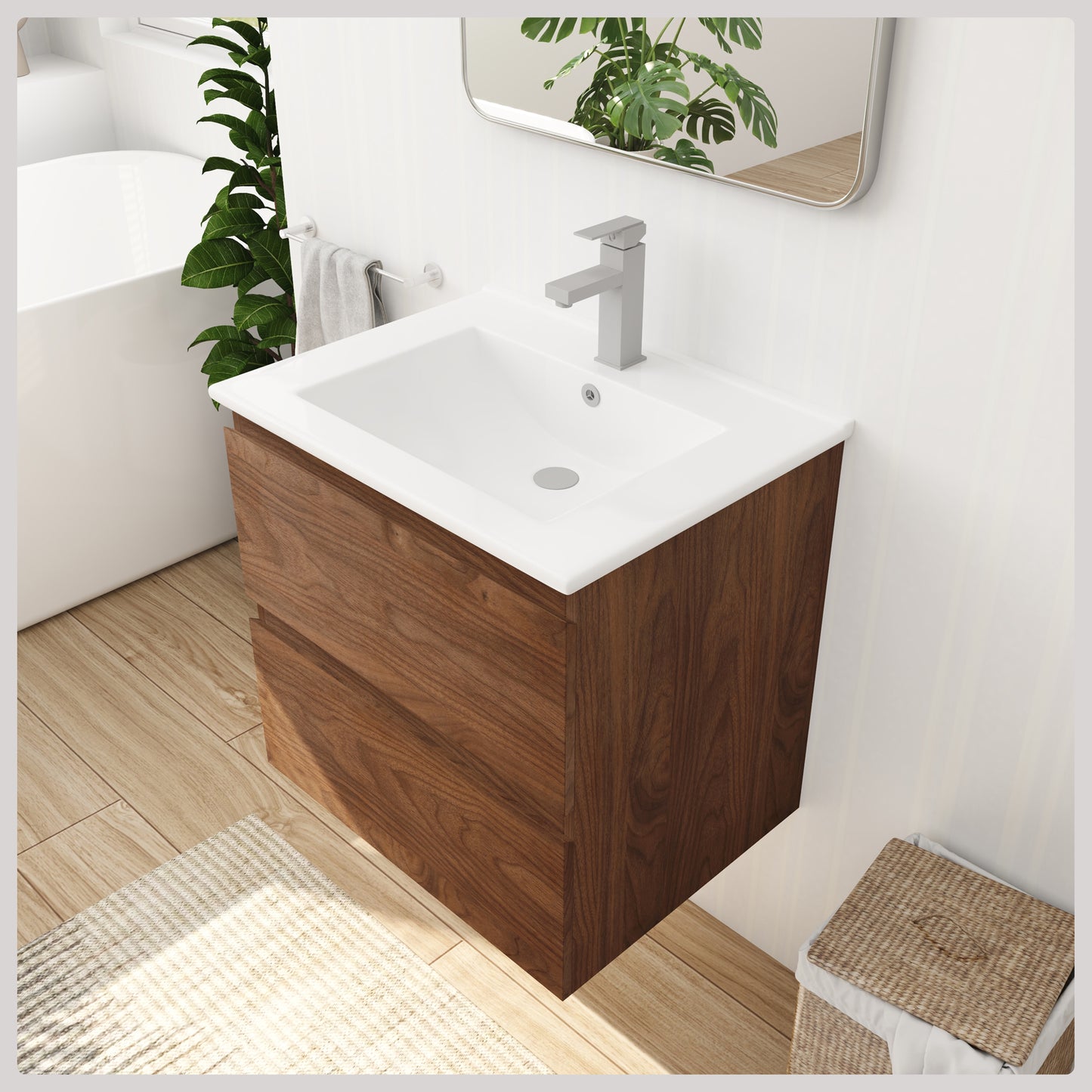 Floating Bathroom Vanity - Brown Oak Bathroom Sink and Cabinet