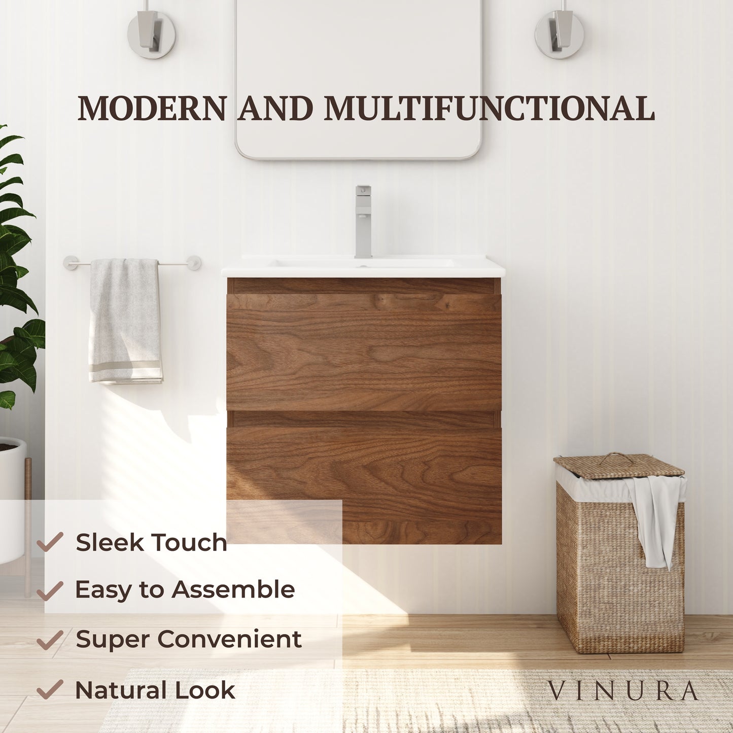 Floating Bathroom Vanity - Brown Oak Bathroom Sink and Cabinet