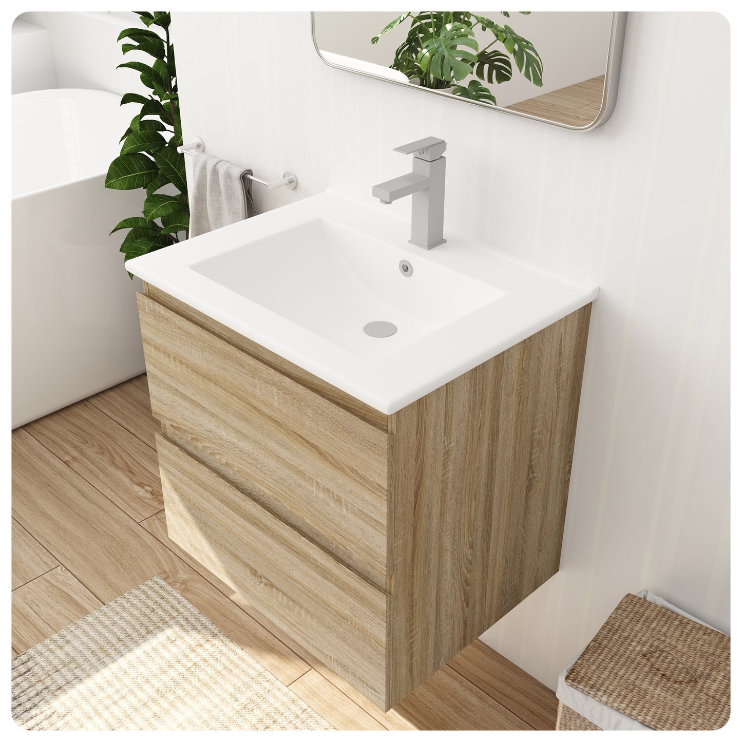 Floating Bathroom Vanity - Light Oak Bathroom Cabinet with Sink