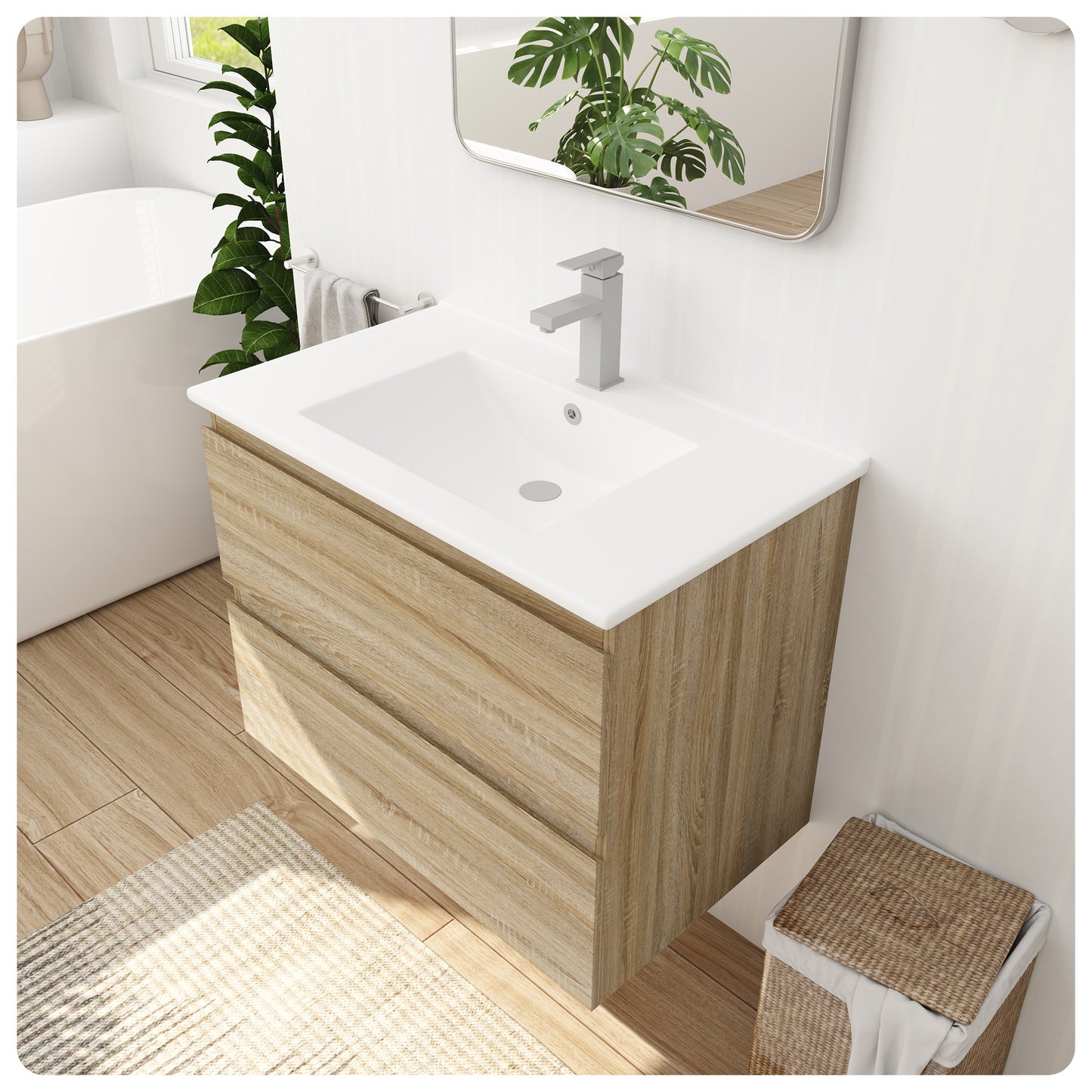 Floating Bathroom Vanity - Light Oak Bathroom Cabinet wih Sink 30 Inch