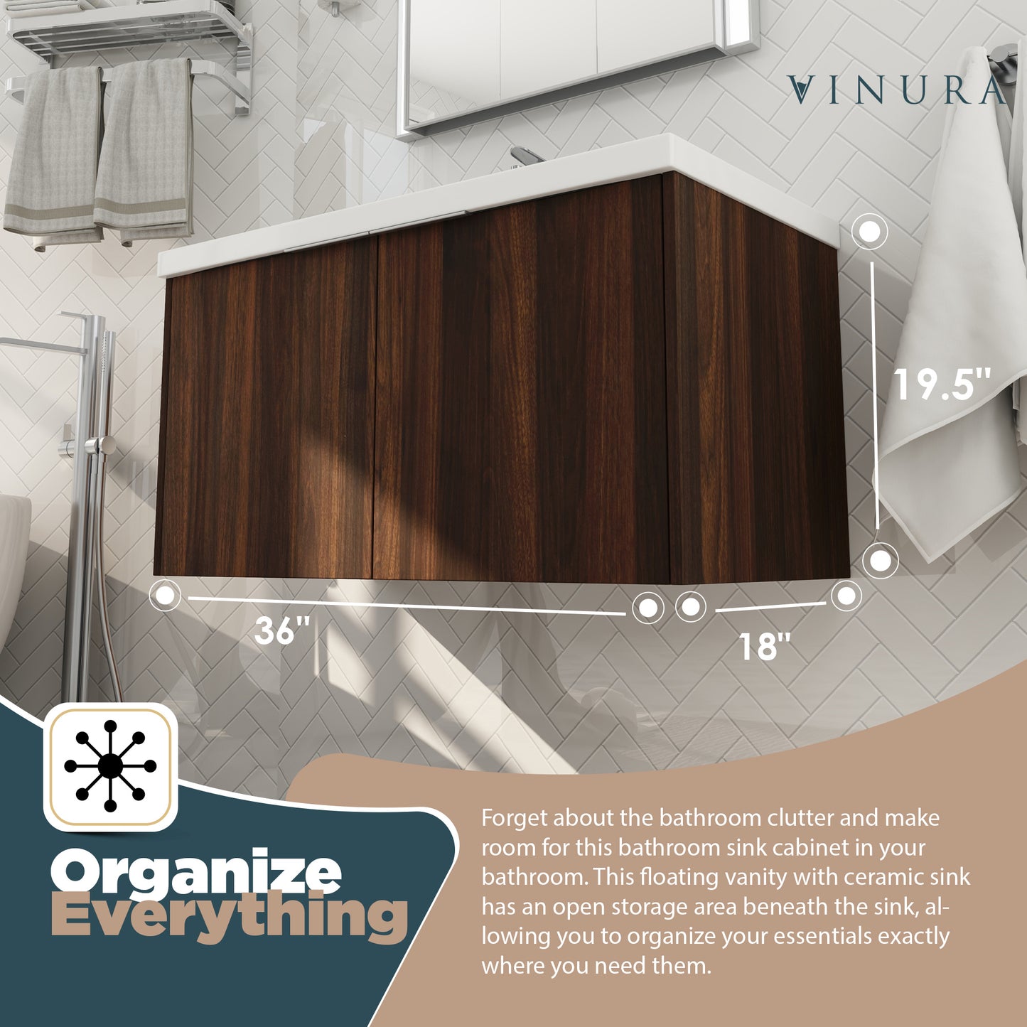 Floating Bathroom Vanity - California Walnut 36 Inch Small Bathroom Vanity