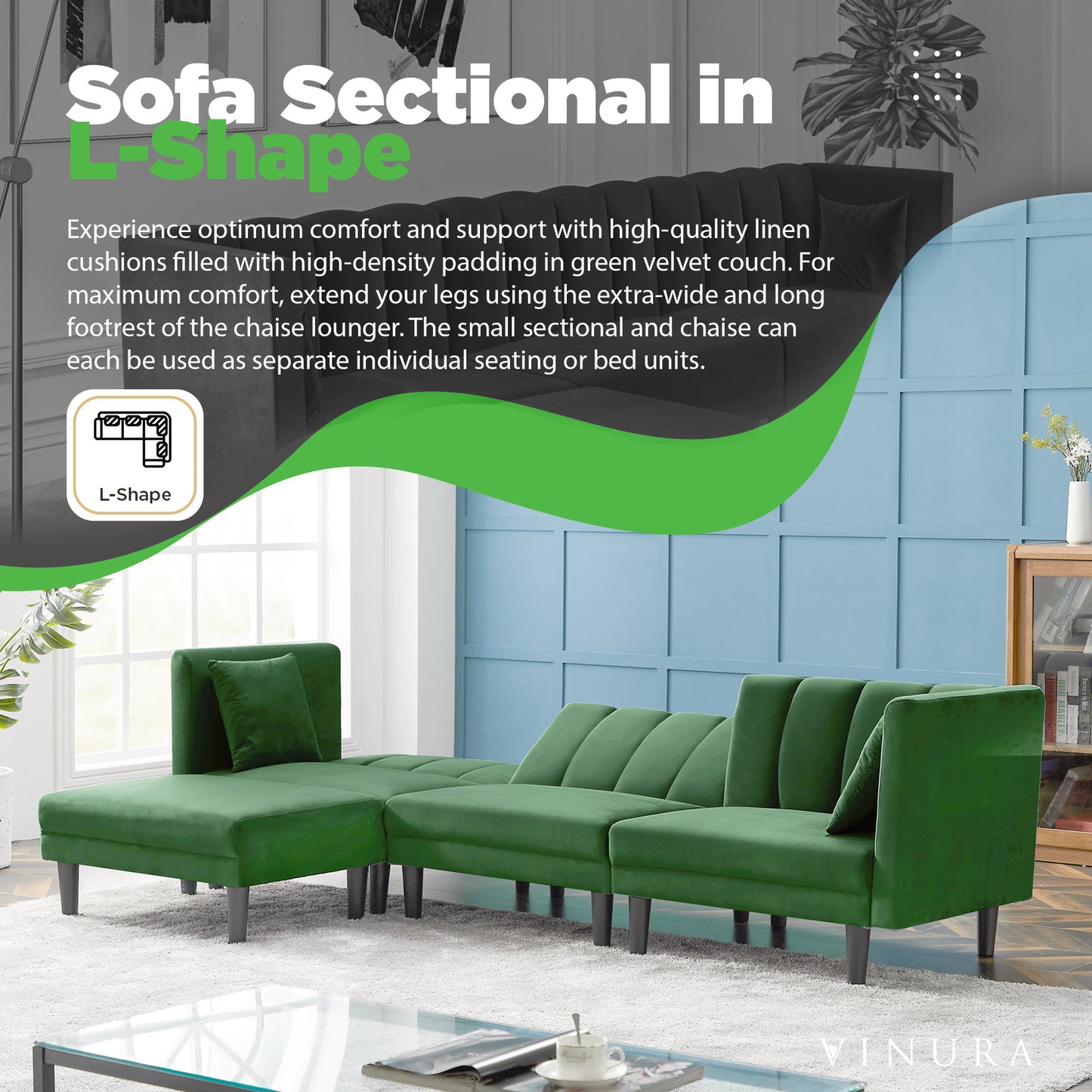 Sectional Sleeper Sofa - Left Side Green Velvet Sectional Sofa 106”