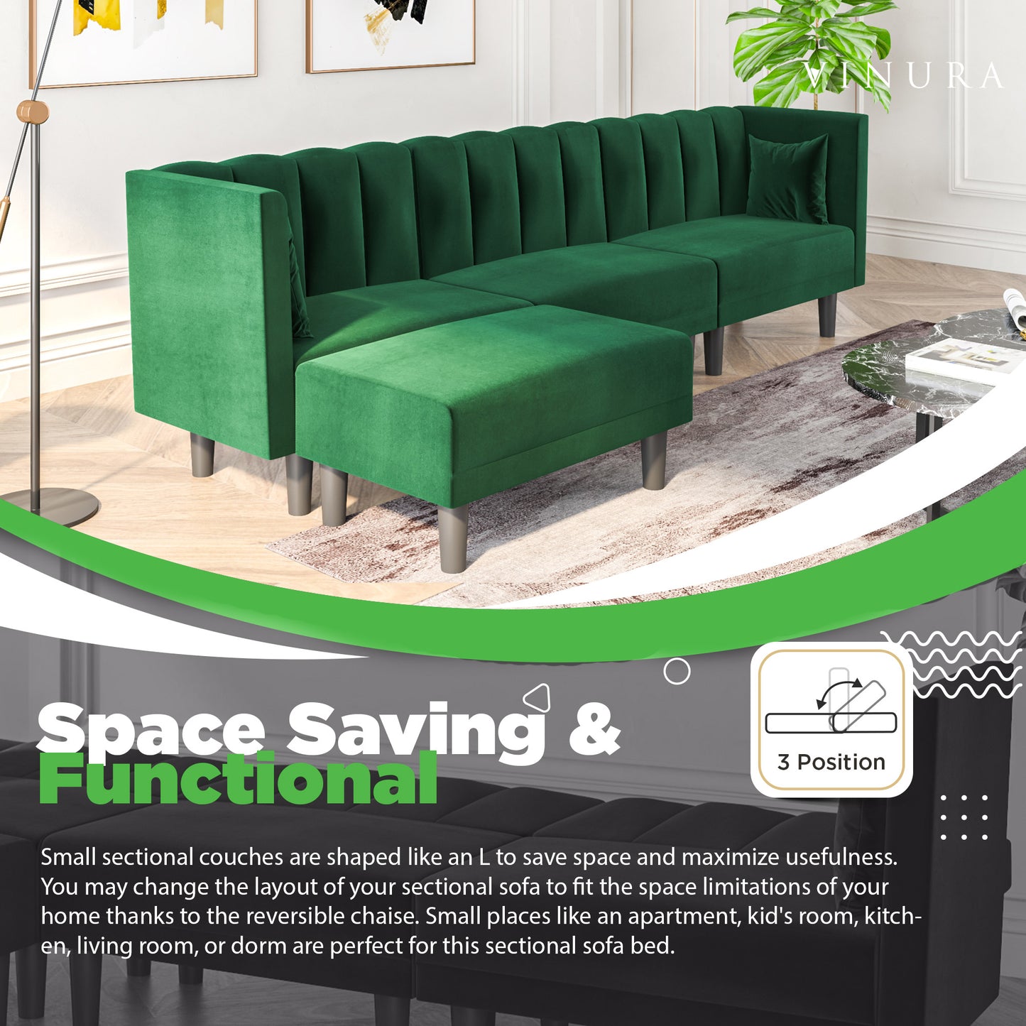 Sectional Sleeper Sofa - Left Side Green Velvet Sectional Sofa 106”