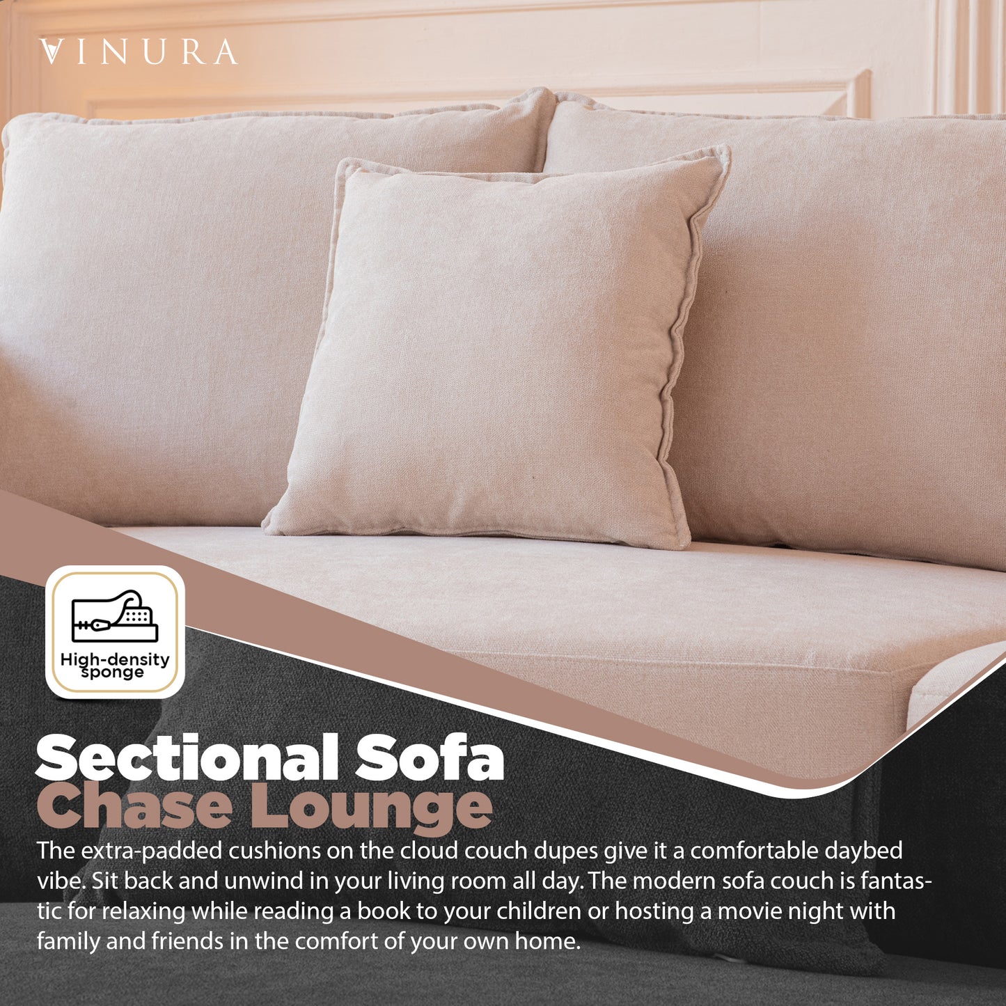 Couches for Living Room - Beige Polyester Sectional Sofa Chaise Lounge