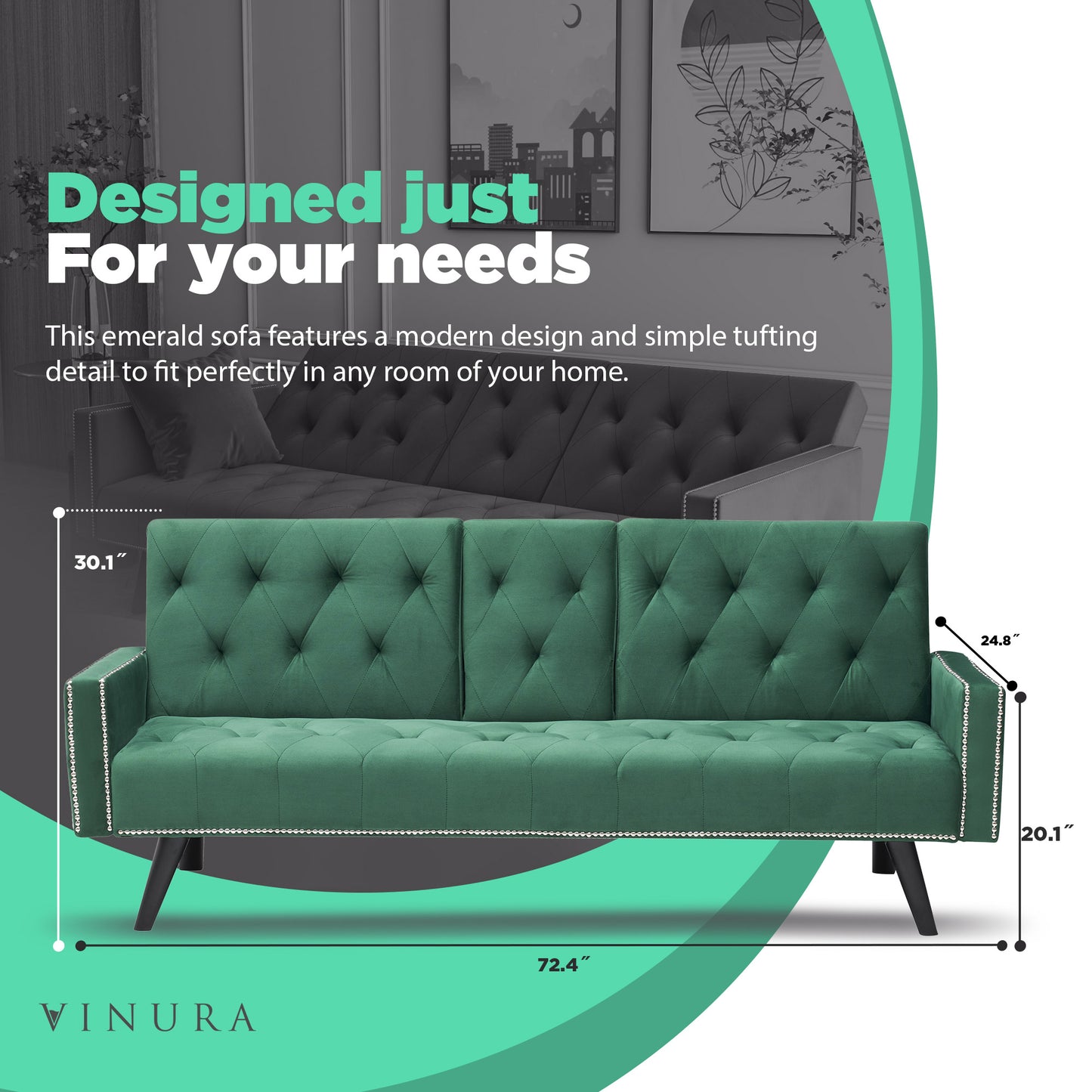 Couches for Living Room - Green Velvet Pull Out Sofa Bed 72”