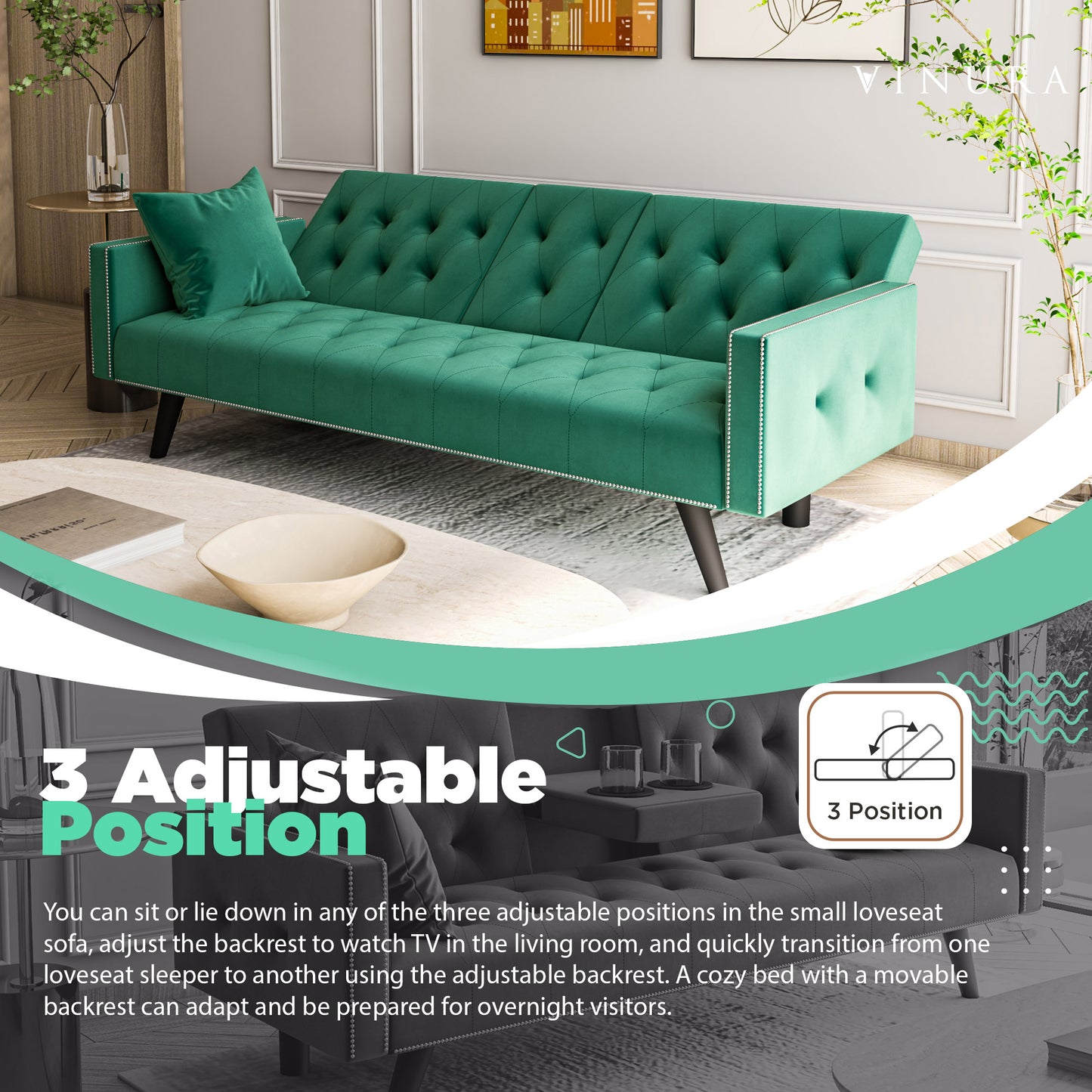 Couches for Living Room - Green Velvet Pull Out Sofa Bed 72”