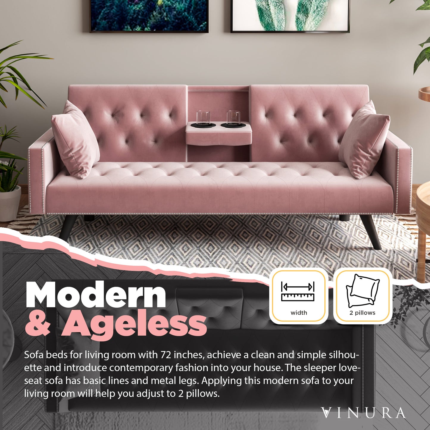 Couches for Living Room - Pull Out Pink Velvet Sofa Bed 72”