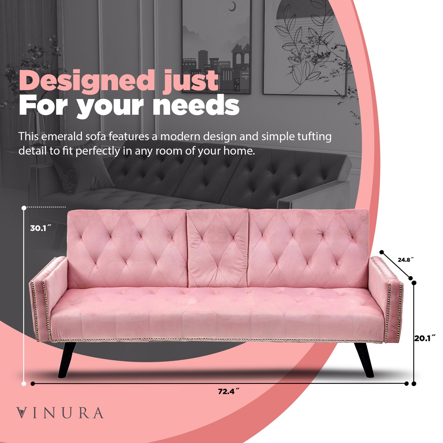 Couches for Living Room - Pull Out Pink Velvet Sofa Bed 72”