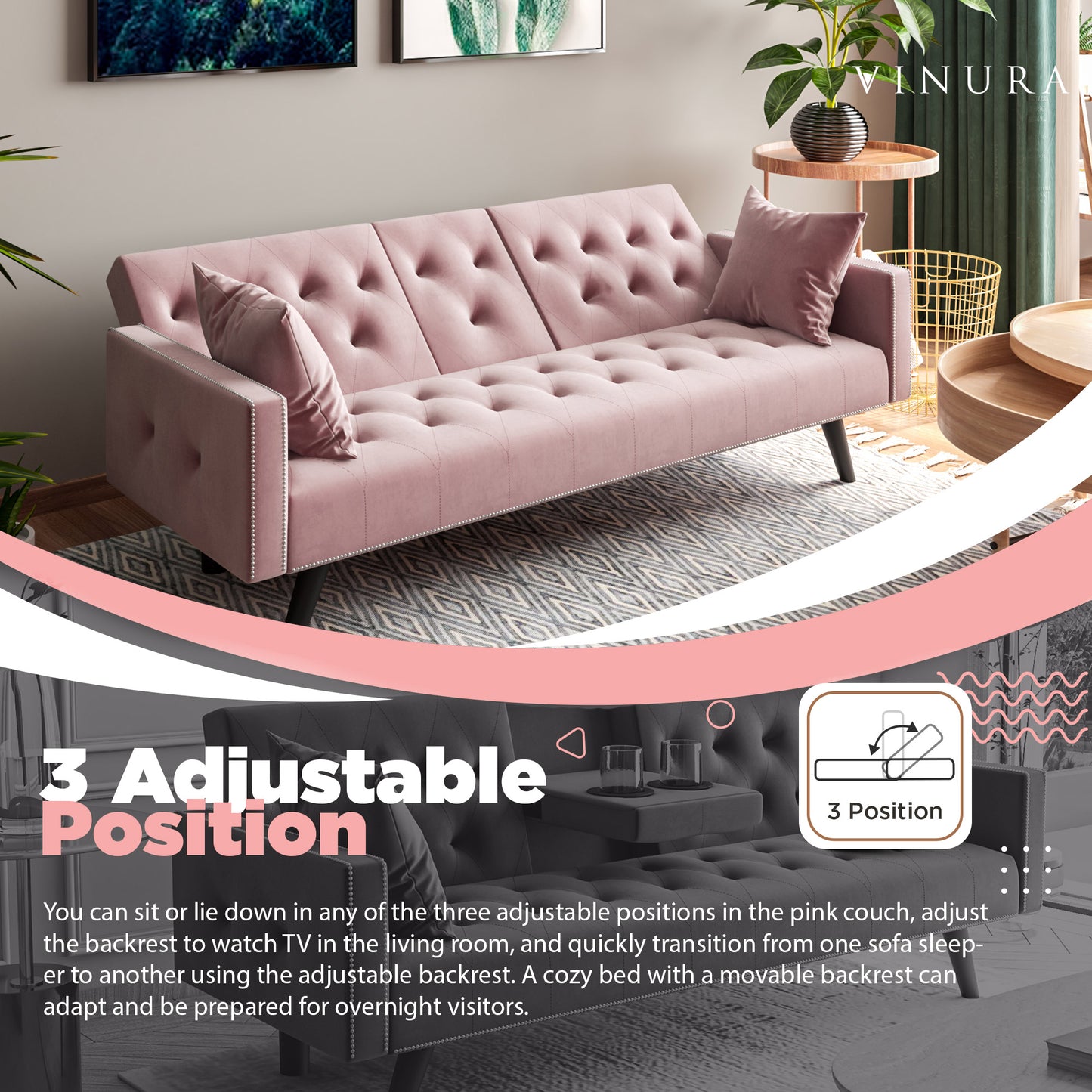 Couches for Living Room - Pull Out Pink Velvet Sofa Bed 72”