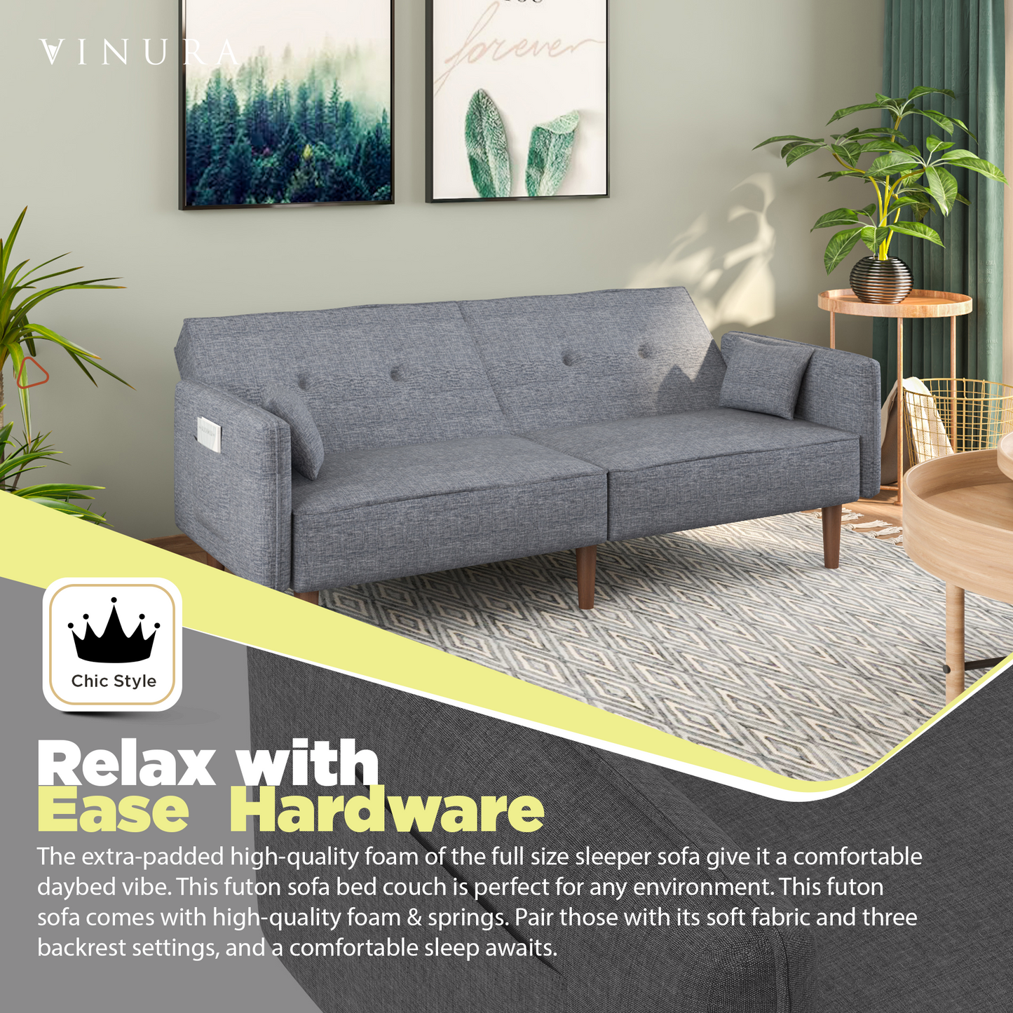 Sofas for Living Room - 75” Grey Tufted Futon Convertible