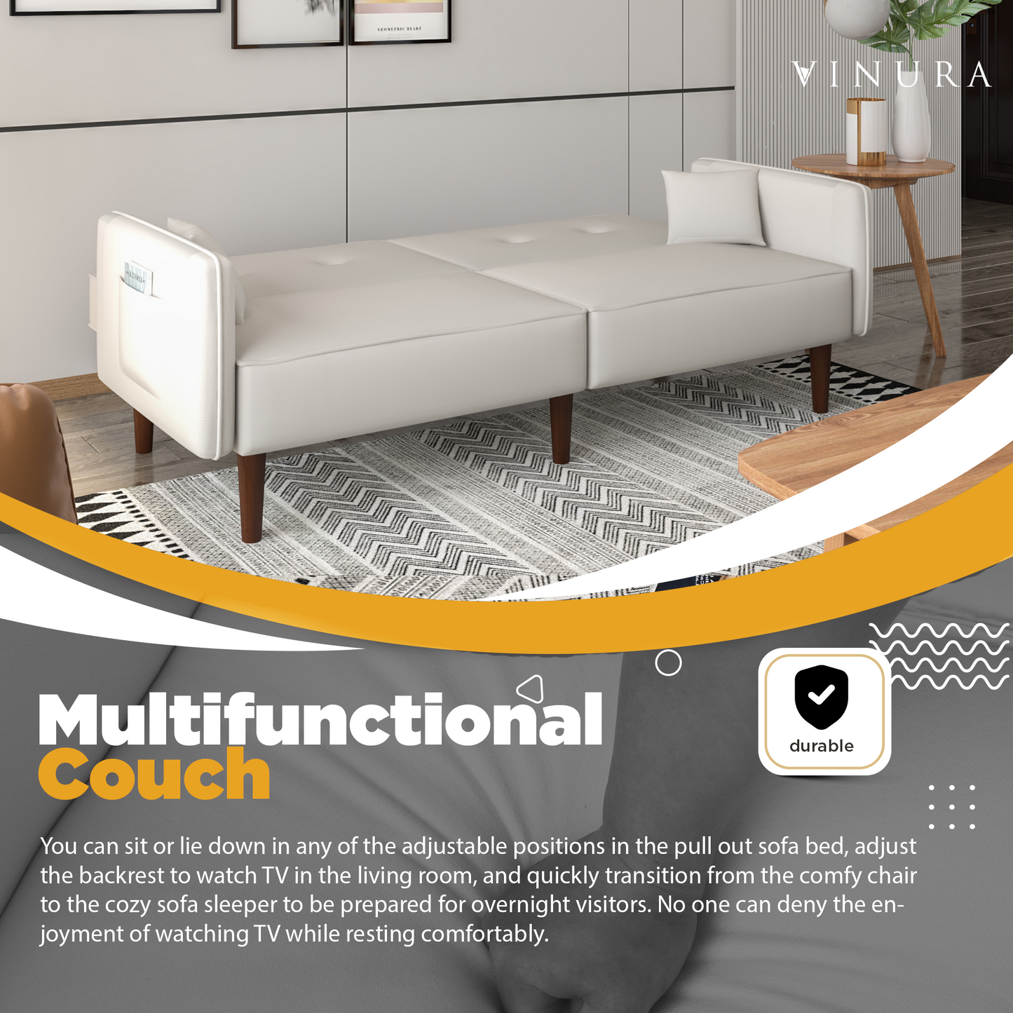 Sofas for Living Room - 75” White Tufted Futon Convertible