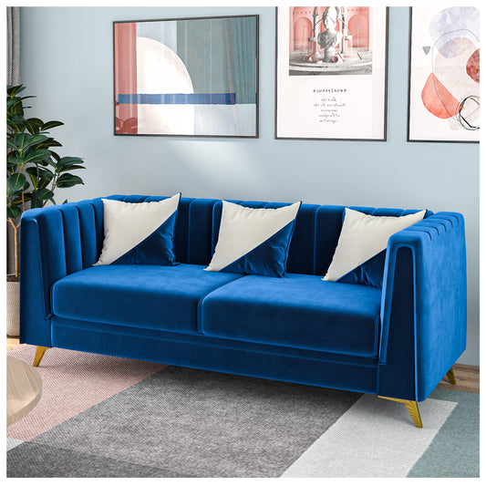 Velvet Couches for Living Room - Tufted Velvet Navy Blue 3 Seater Sofa