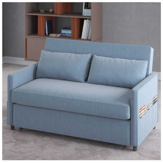 Couches for Living Room - Pull Out Blue Leather Sleeper Sofa Chair 57”