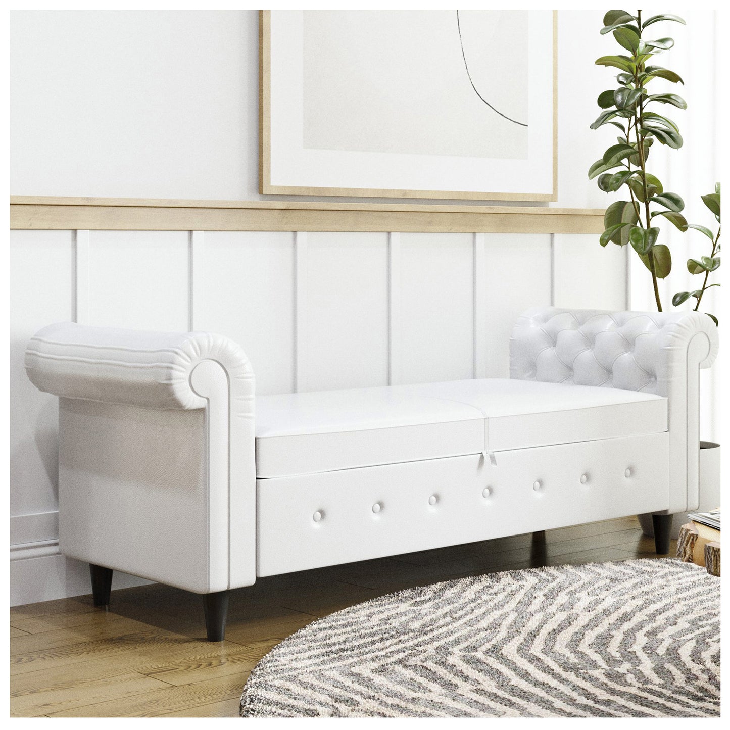 End of Bed Storage Bench - Linen White Bedroom Bench 63 Inches