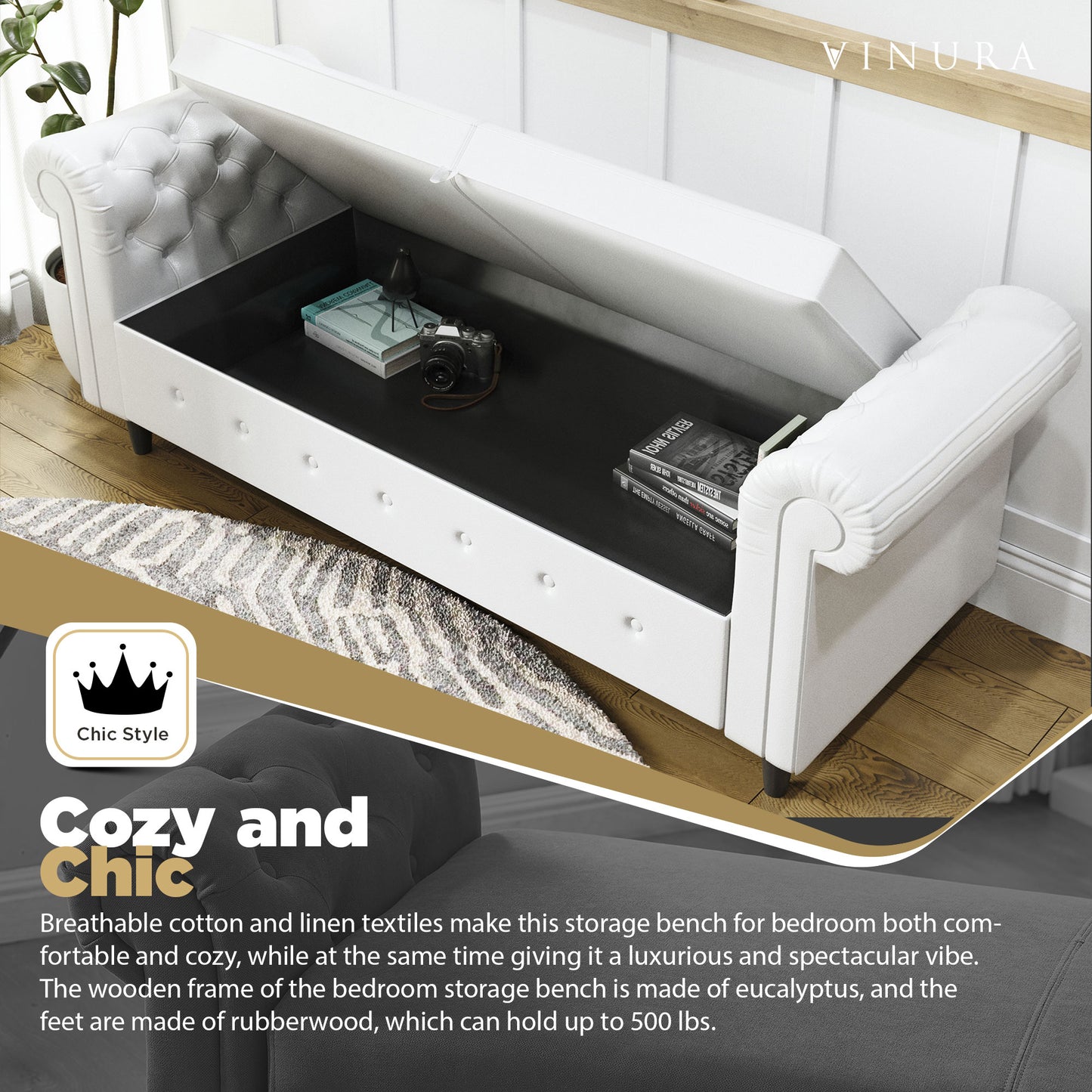 End of Bed Storage Bench - Linen White Bedroom Bench 63 Inches