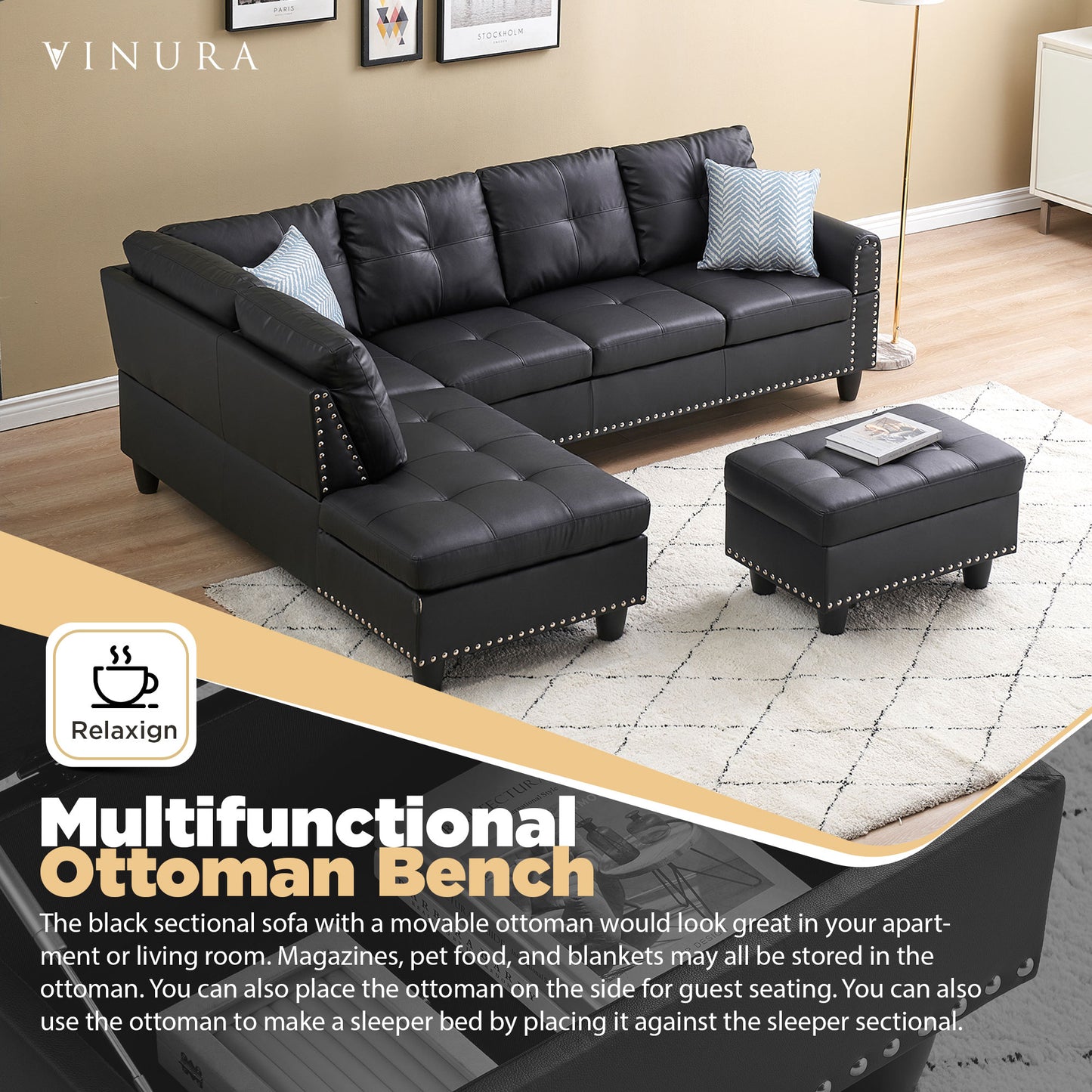 Black Sectional Couches for Living Room - Living Room 3 Seater Sofa 97.5”