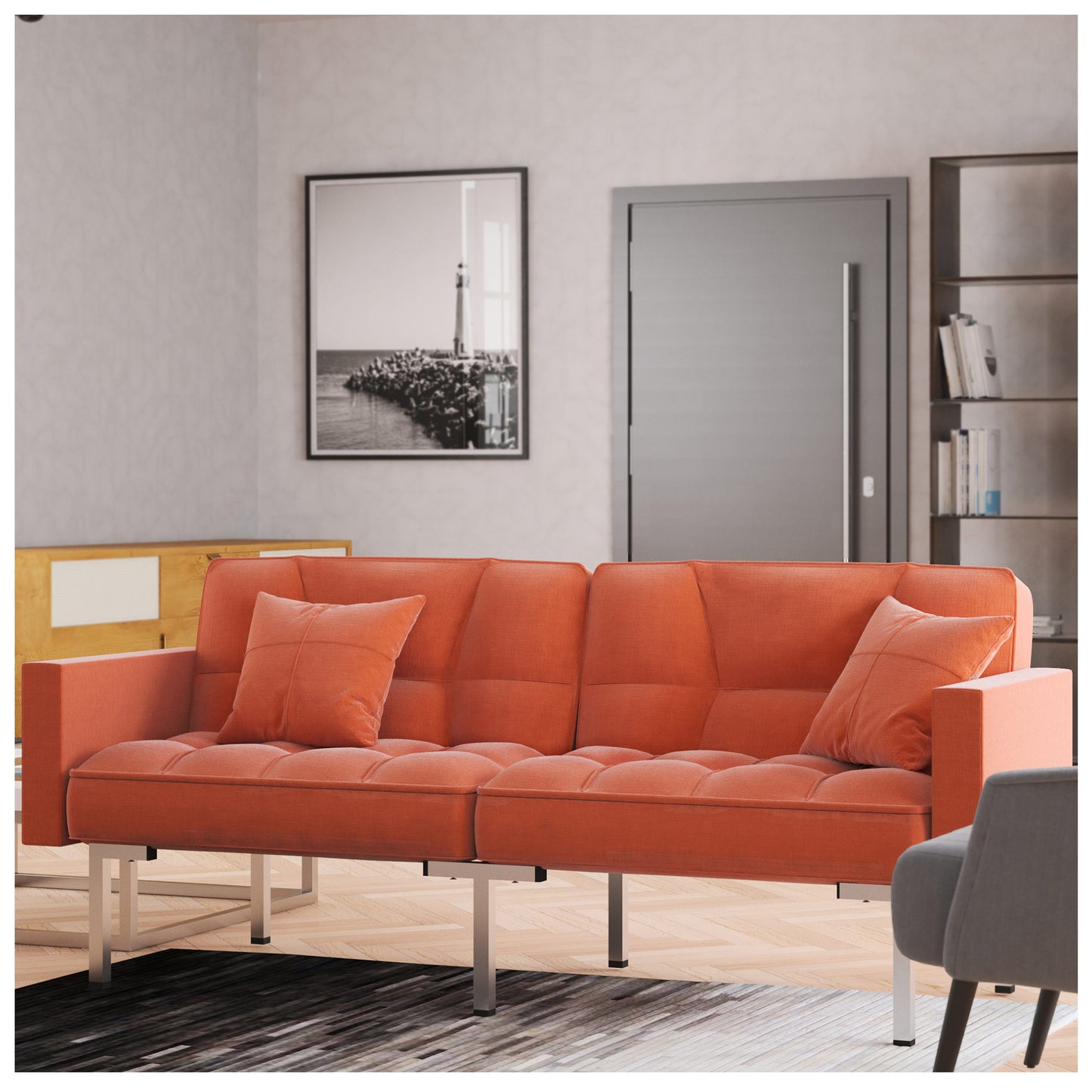 Adjustable Futon Sofa Bed Couch  - Orange Convertible Sofa Bed 75”