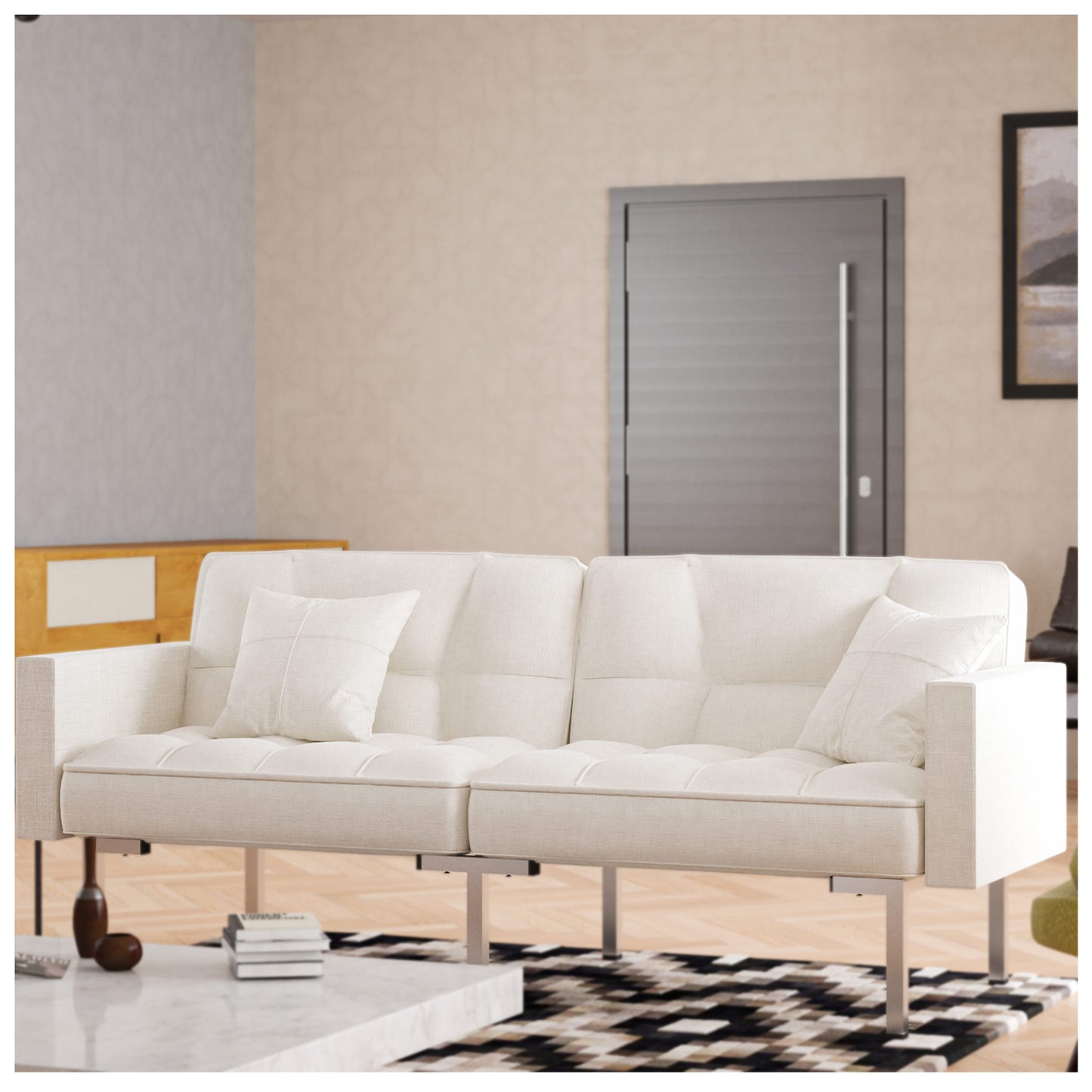 Adjustable Futon Pull Out Couch - Orisfur White Sofa Bed 75”