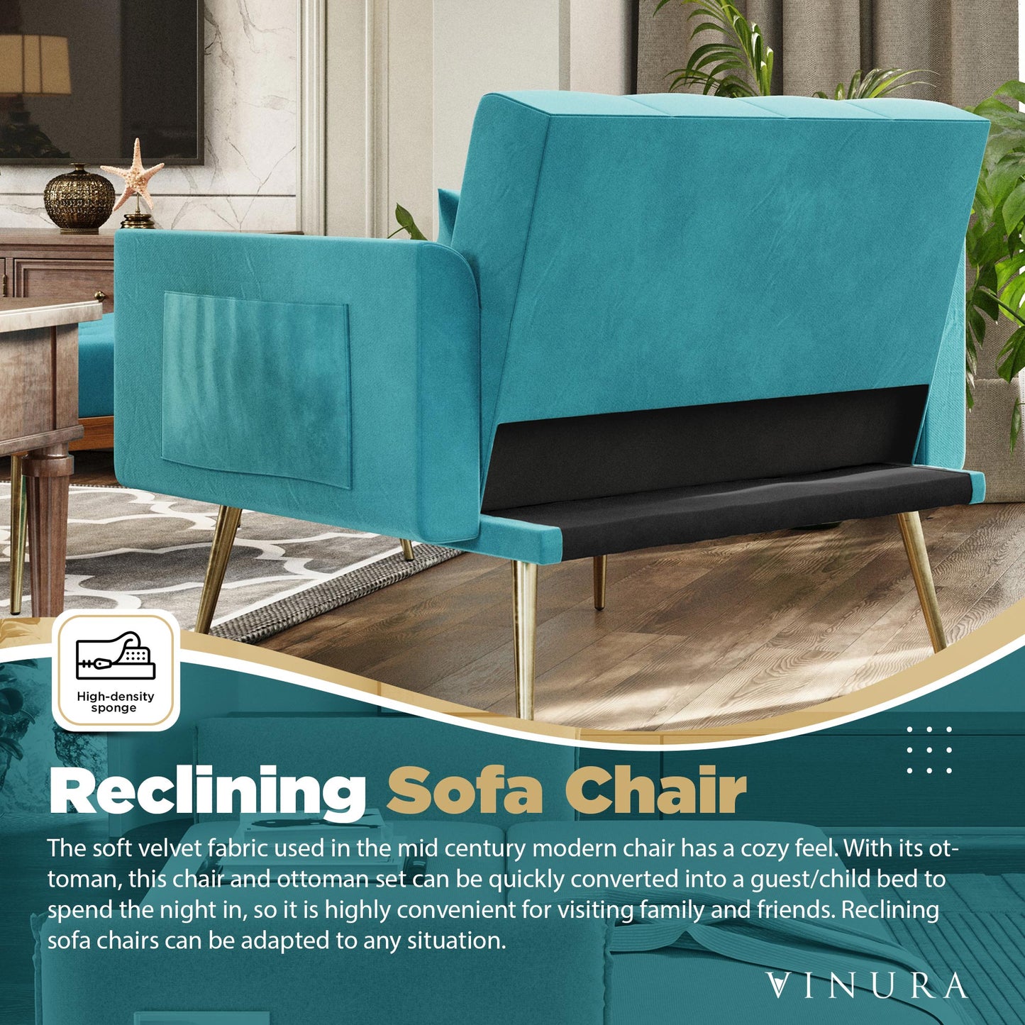 Modern Living Room Chairs - Recliner Teal Accent Reading Chair