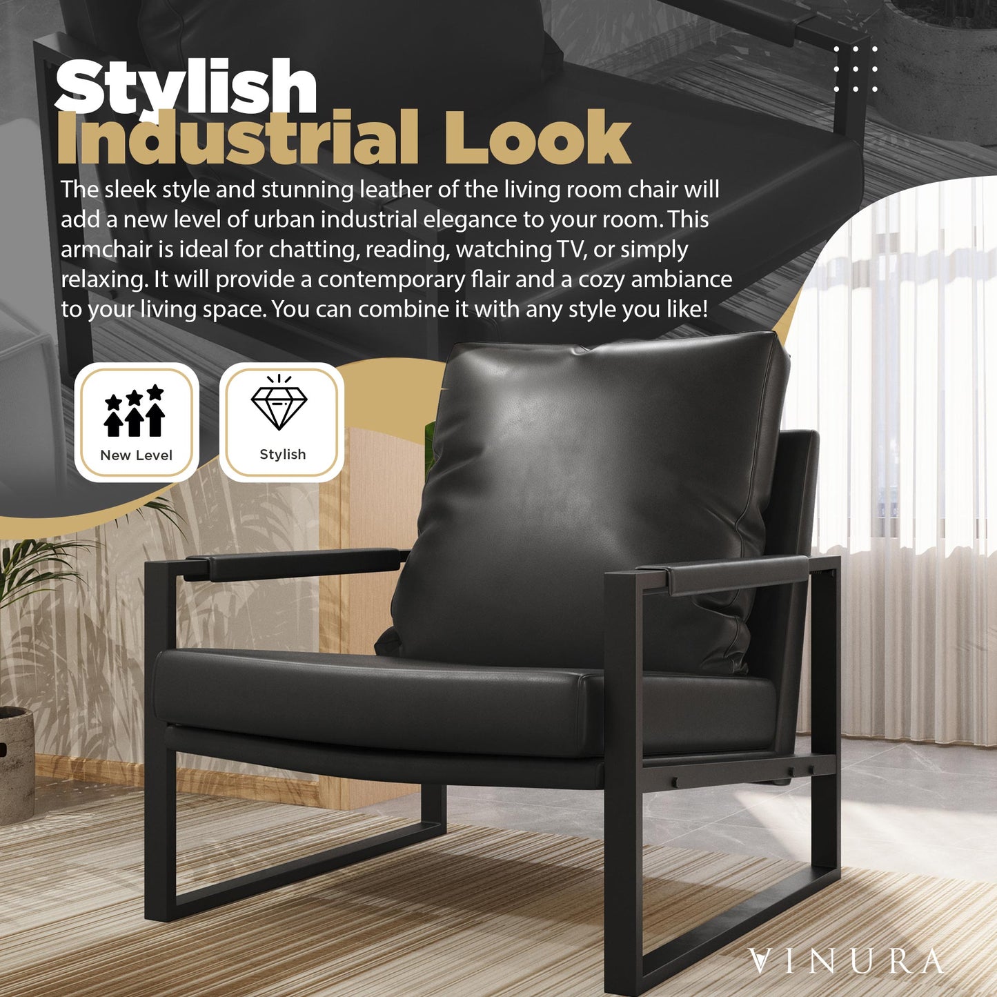 Modern Living Room Chair - PU Leather Black Reading Chair