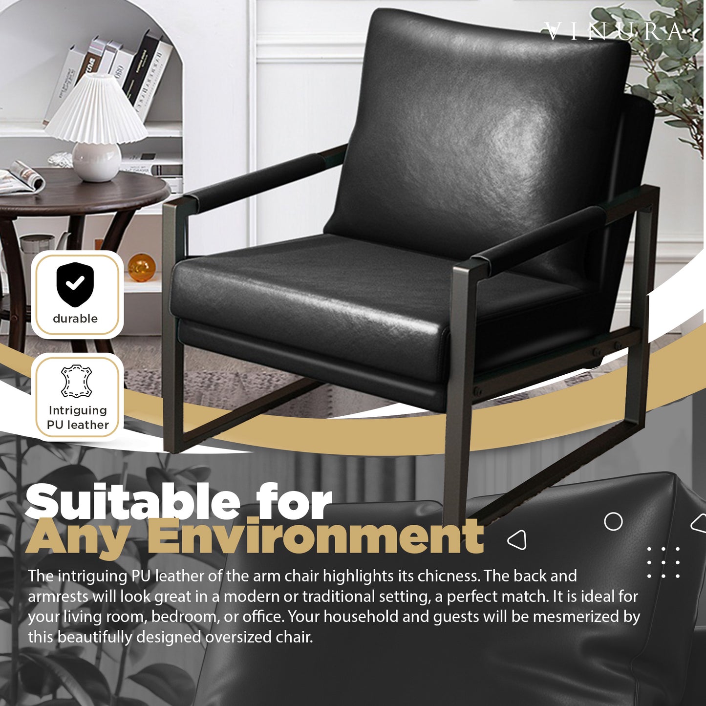 Modern Living Room Chair - PU Leather Black Reading Chair