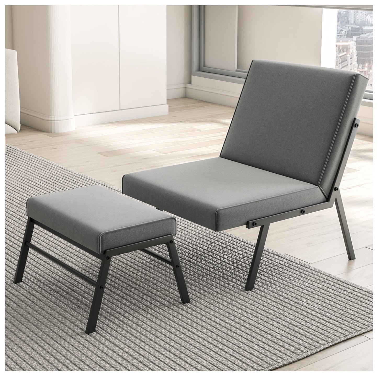 Modern Living Room Chair - Gray Bedroom Reading Chair with Ottoman