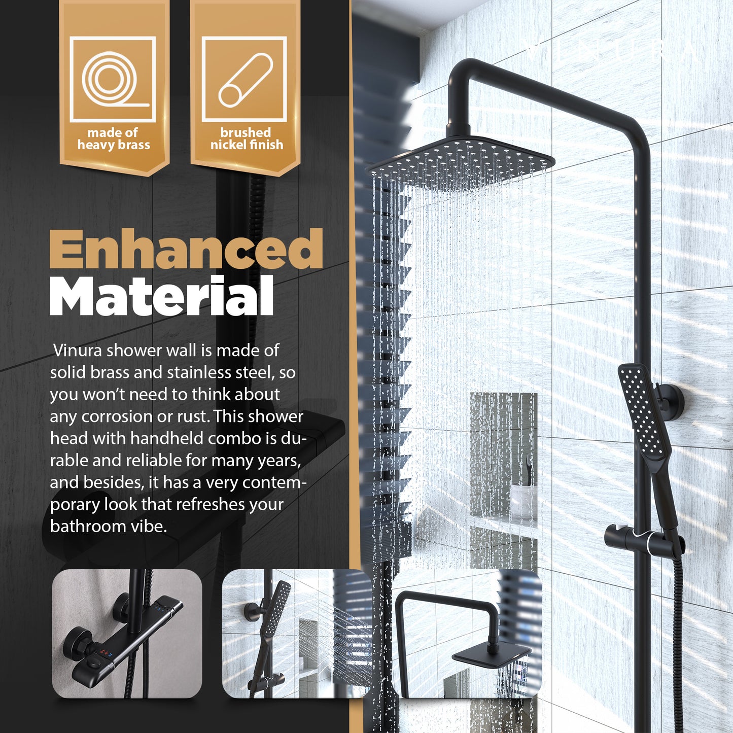 Thermostatic Shower Faucet Set - Matte Black Rain Shower System 32”