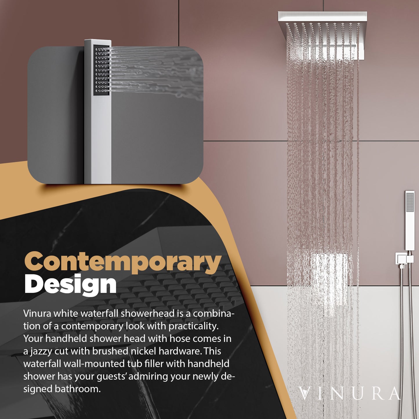 Modern Shower Head with Handheld - Brushed Nickel Rainfall Shower Head