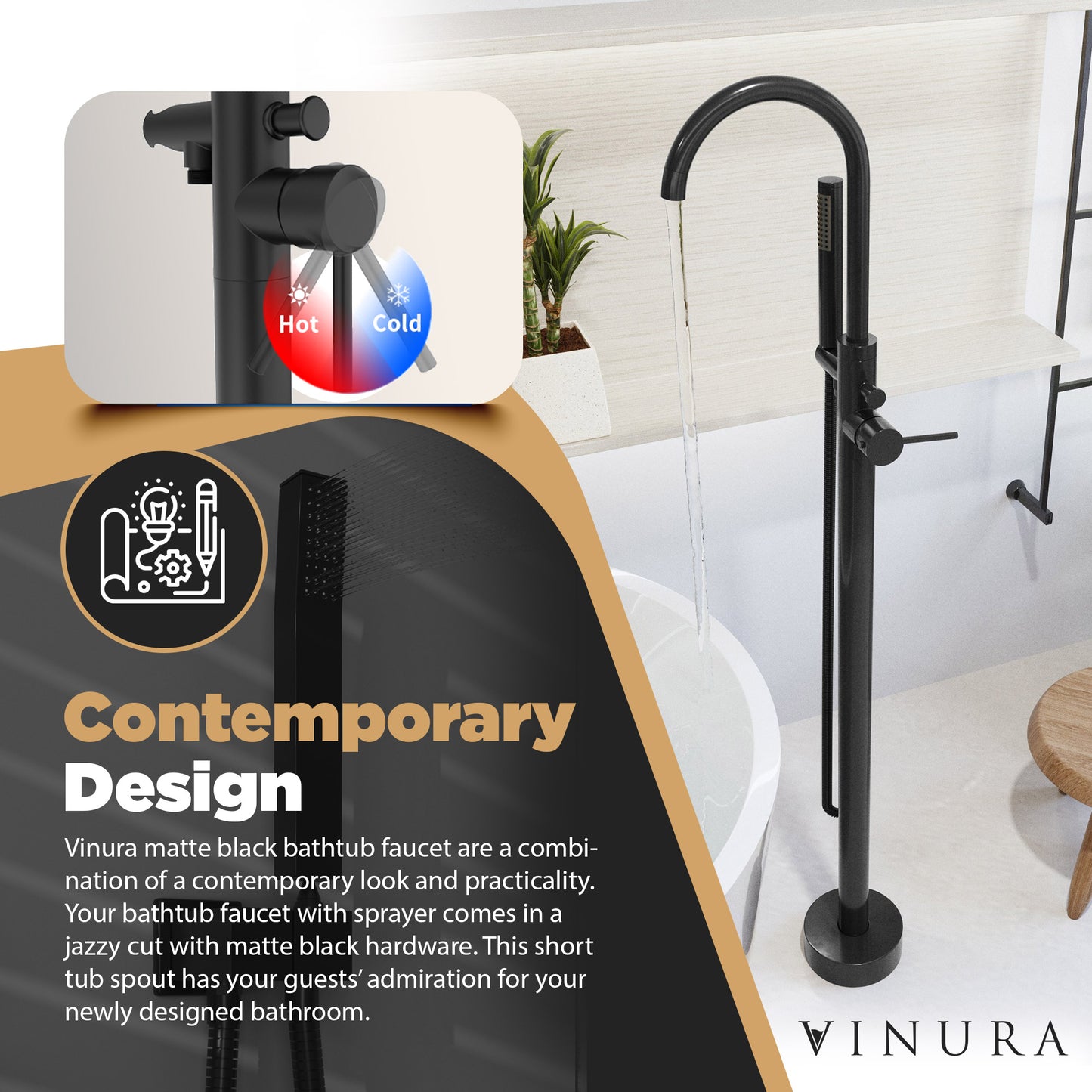 Bathtub Freestanding Faucet - Heavy Brass Matte Black Faucet